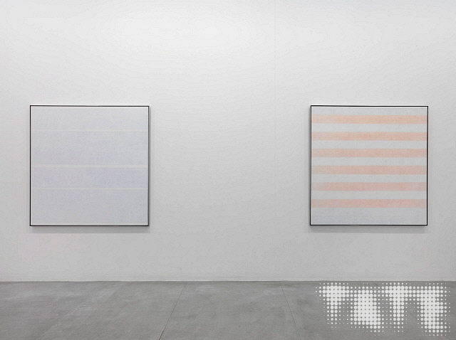 Installation photograph of Agnes Martin's 'Happy Holiday' and 'Faraway Love' at Tate Modern's Agnes Martin Exhibition, 2015.