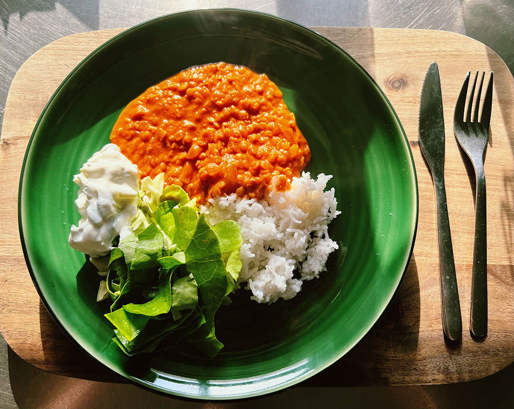 Dahl, ris, raita og salat