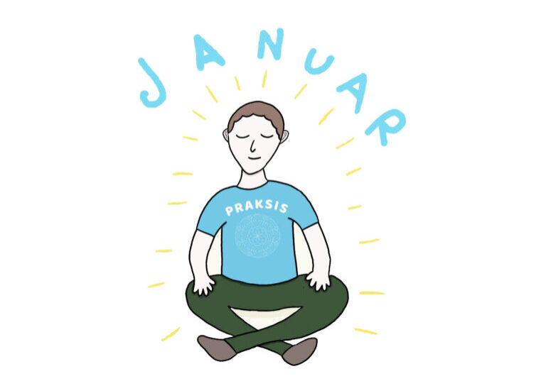 tegning af person der mediterer. Han har blå t-shirt på med ordet praksis. Over ham står der 'januar'.